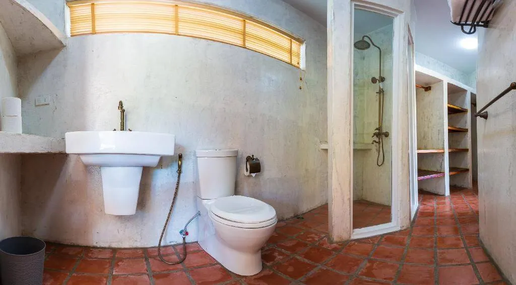 The bathroom, with a basin, a WC and a shower behind glass