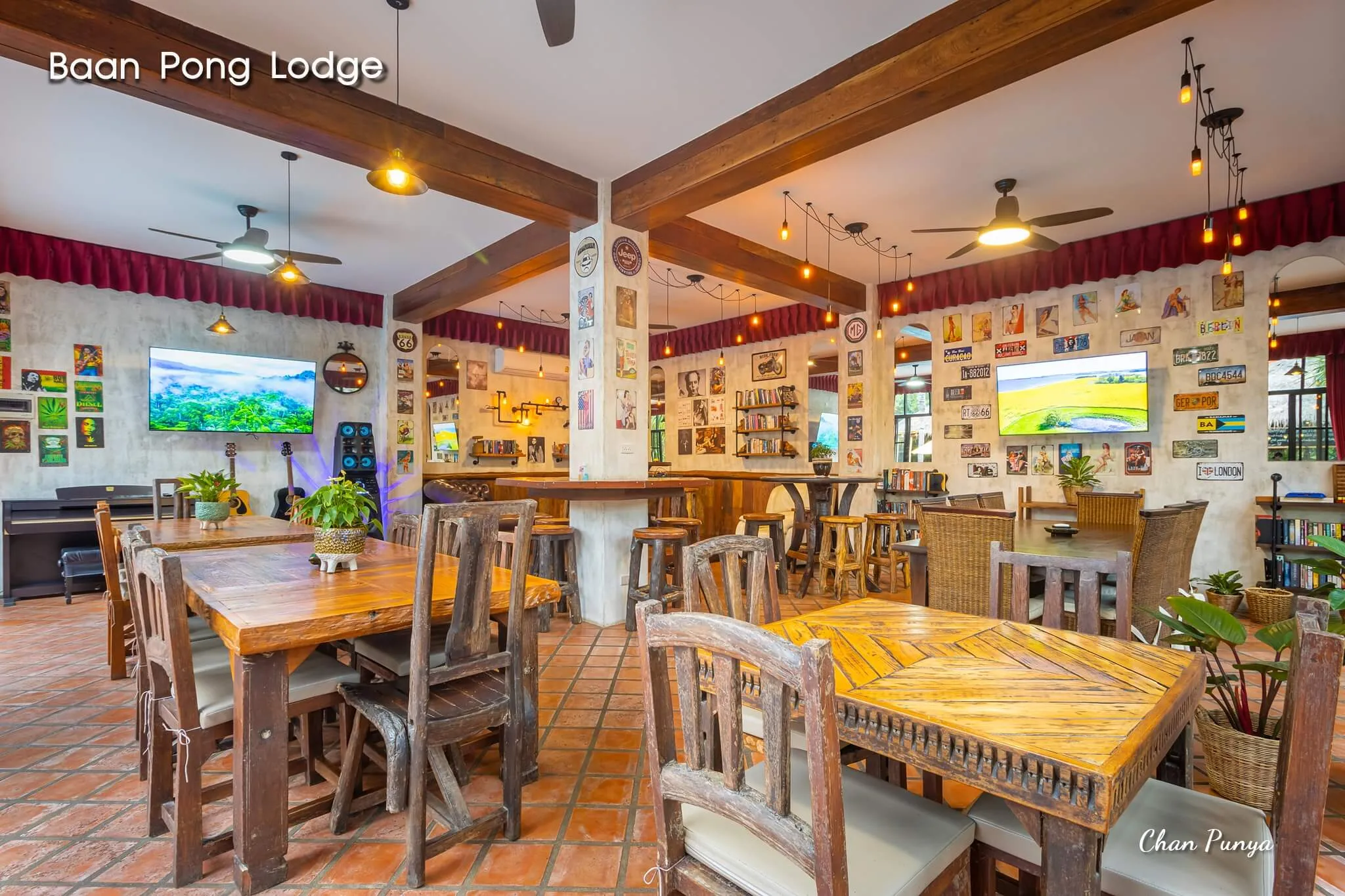 Wooden tables and chairs in the restaurant