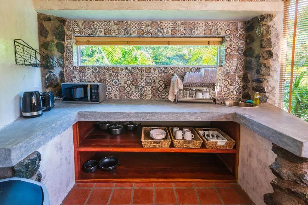 The kitchen counter, with patterned tiles and a window over the lawn