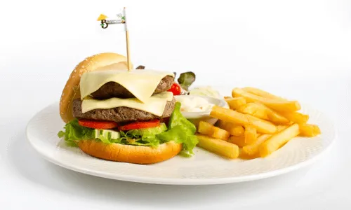A beef cheeseburger with chips, salad and a pickle