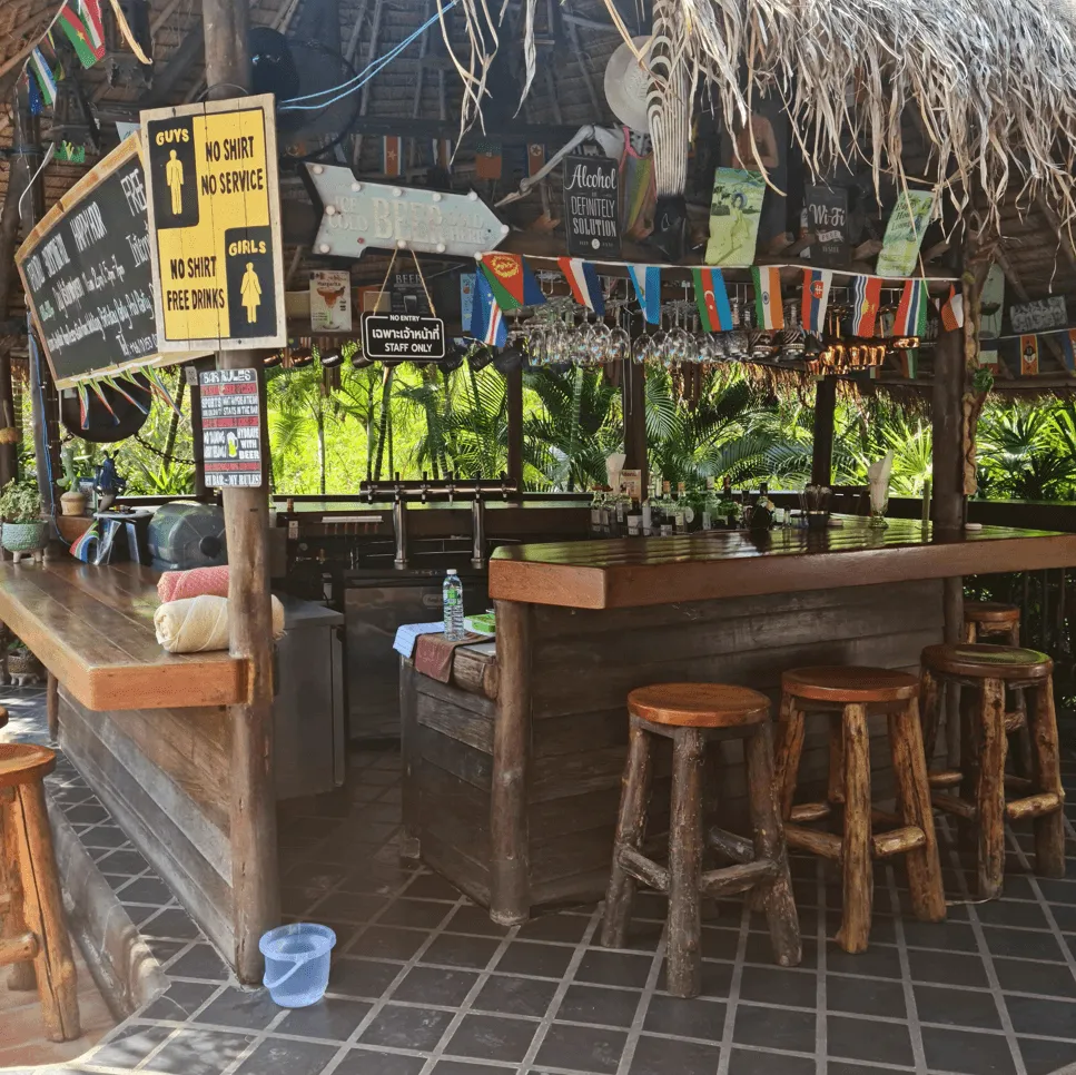 The thatched tiki bar, with its stools and hanging glasses
