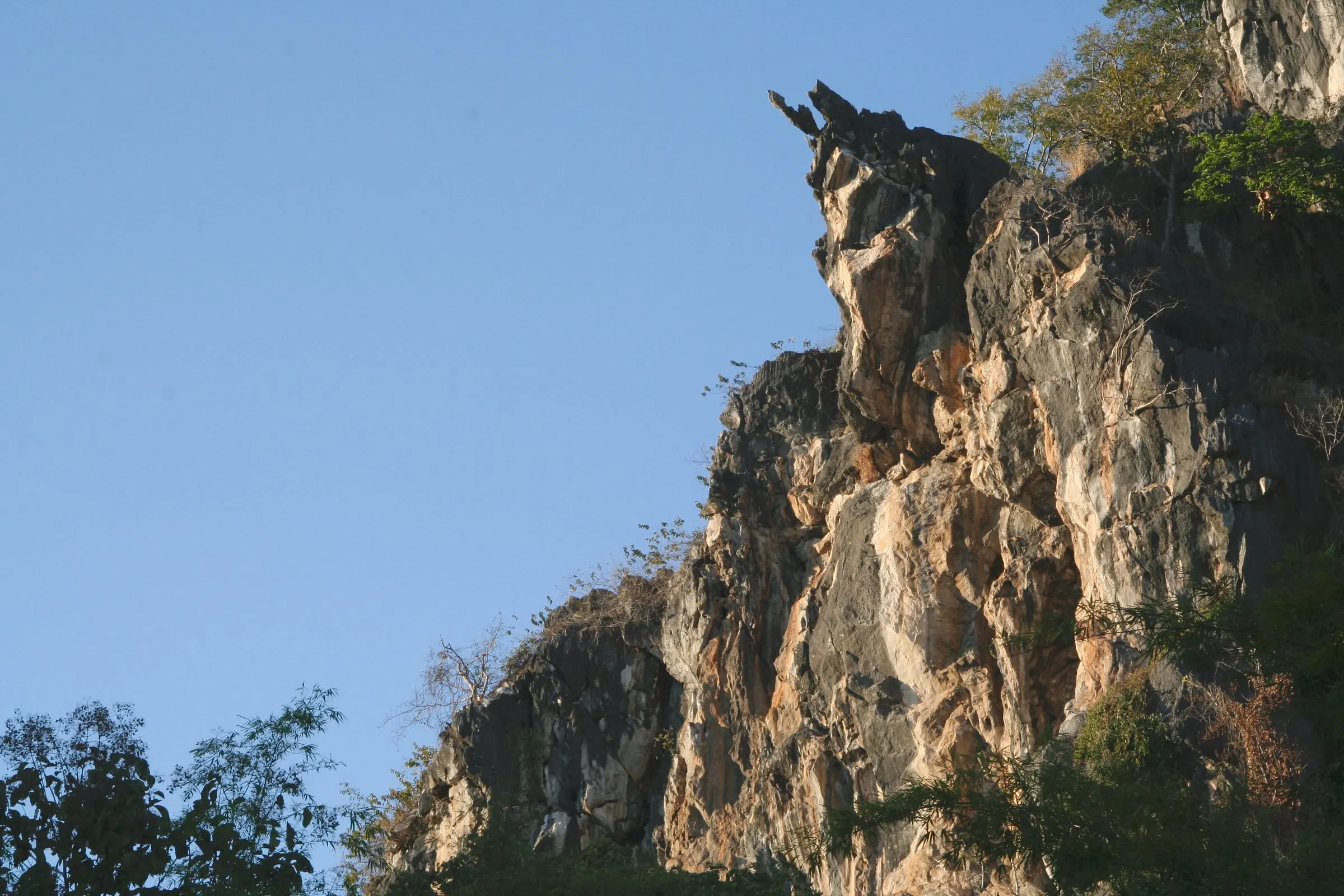 The limestone buttress of Crazy Horse Mountain rising out of the trees against a clear sky