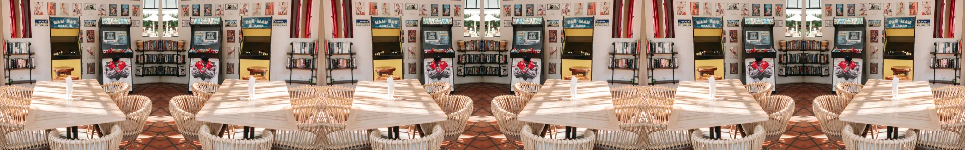 Long tables laid for a party in the games room